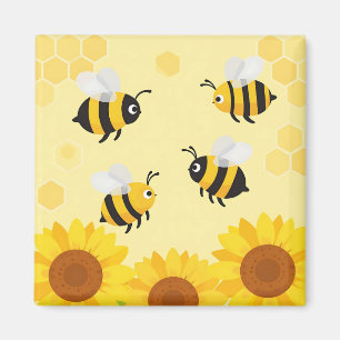 Cute Bumble Bees Sunflowers Honeycomb Pattern Magnet