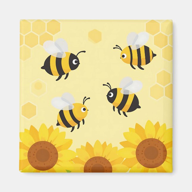 Cute Bumble Bees Sunflowers Honeycomb Pattern Magnet (Front)