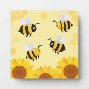 Cute Bumble Bees Sunflowers Honeycomb Pattern Plaque