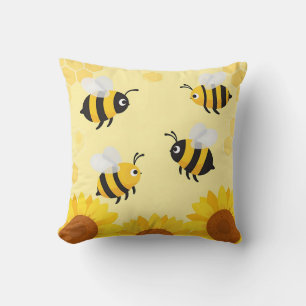Cute Bumble Bees Sunflowers Honeycomb Pattern Throw Pillow