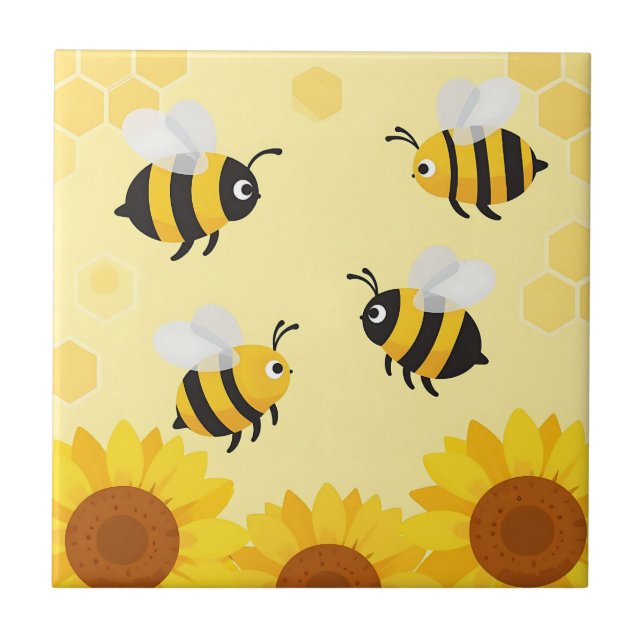 Cute Bumble Bees Sunflowers Honeycomb Pattern Tile (Front)