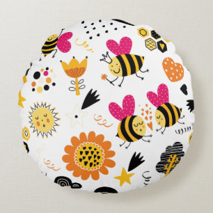 Cute Bumblebee and Rainbow Nursery Round Pillow