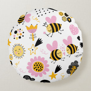 Cute Bumblebee and Rainbow Nursery Round Pillow