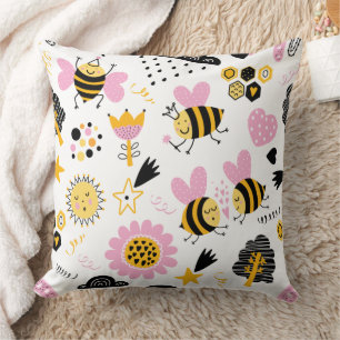 Cute Bumblebee and Rainbow Nursery Throw Pillow