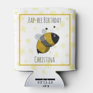 Cute Bumblebee Yellow and Black HapBee Birthday Can Cooler