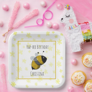 Cute Bumblebee Yellow and Black HapBee Birthday Paper Plate