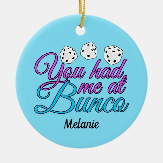 Cute Bunco Game Night Personalized Blue Christmas Ceramic Ornament (Front)