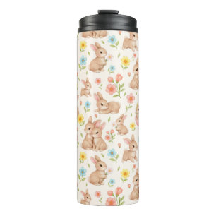 Cute Bunnies and Flowers Pattern Thermal Tumbler
