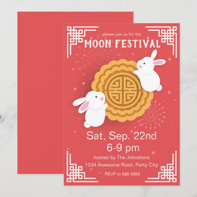 Cute Bunnies and Mooncake Mid-Autumn Festival Invitation (Front/Back)