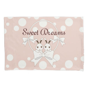 Cute Bunnies and Ribbons Cartoon Pastel Pink Kids Pillowcase
