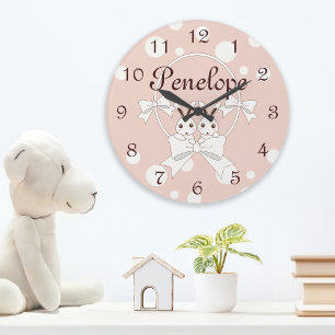 Cute Bunnies and Ribbons Cartoon Pastel Pink Large Clock