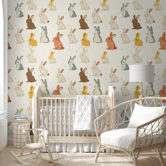 Cute bunnies, beige mutted colours for nursery wallpaper