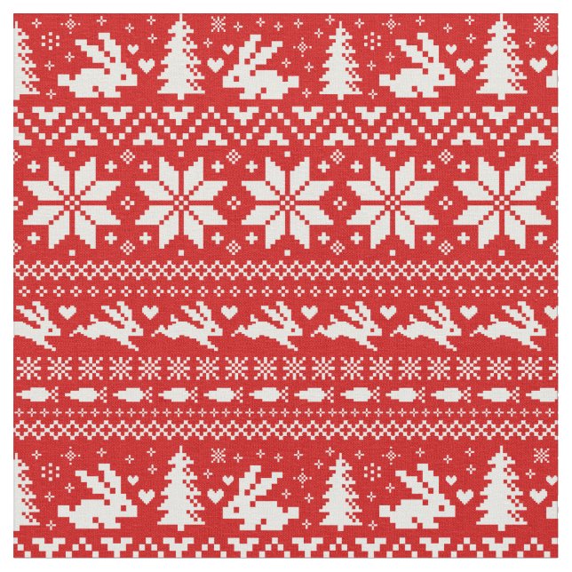Cute Bunnies Christmas Holiday Pattern Red & White Fabric (Close Up)