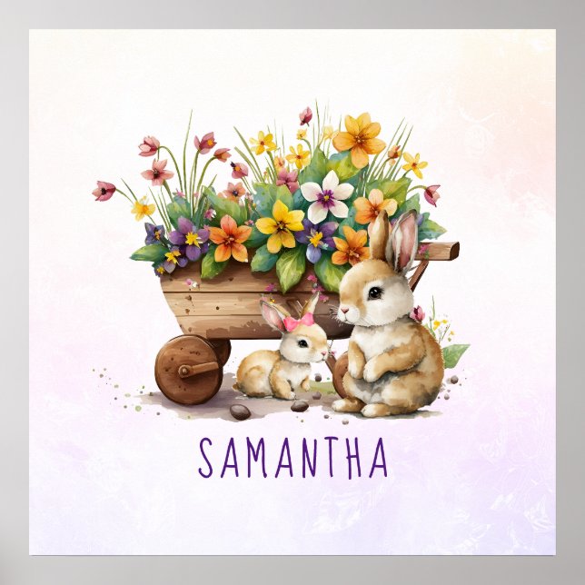 Cute Bunnies Custom Name Girl Easter Poster (Front)