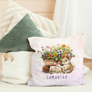 Cute Bunnies Custom Name Girl Easter Throw Pillow