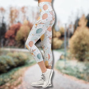 Cute Bunnies Holding Pastel Egg Balloons Capri Leggings