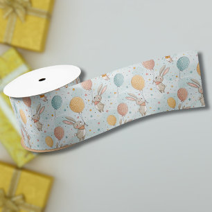Cute Bunnies Holding Pastel Egg Balloons Satin Ribbon