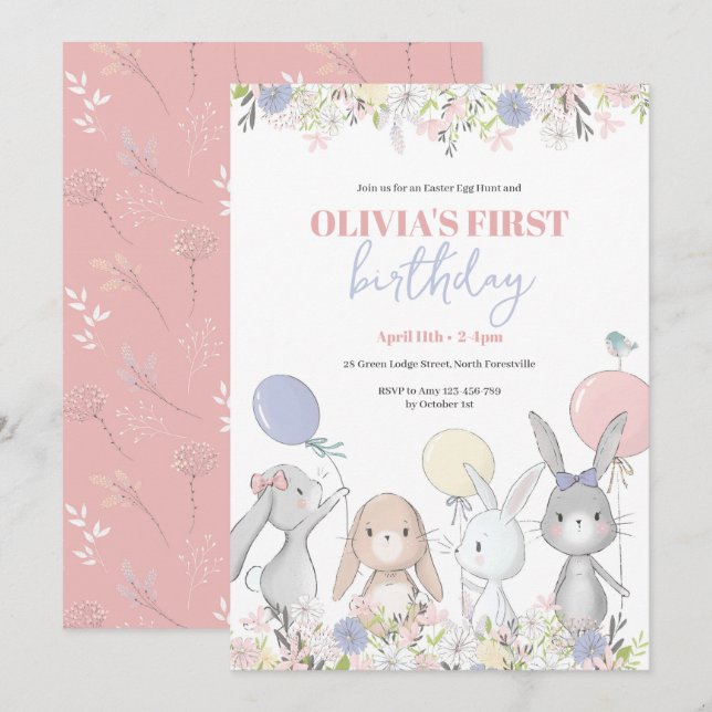 Cute Bunnies Invitation Anniversaire (Devant / Derrière)