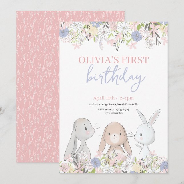 Cute Bunnies Invitation Anniversaire (Devant / Derrière)