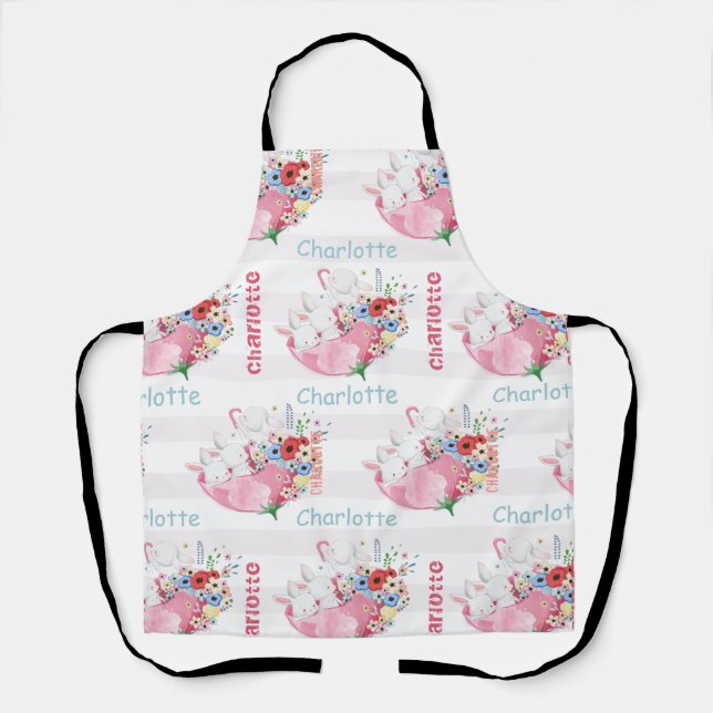 Cute Bunnies on Pink Floral Umbrella Pattern Name Apron (Front)