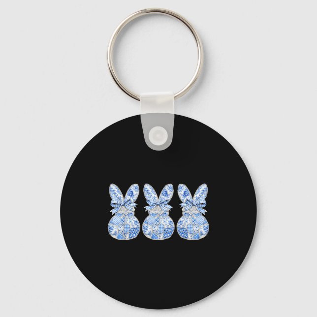 Cute Bunnies Patchwork Coquette Bow Eggs Happy Eas Keychain (Front)