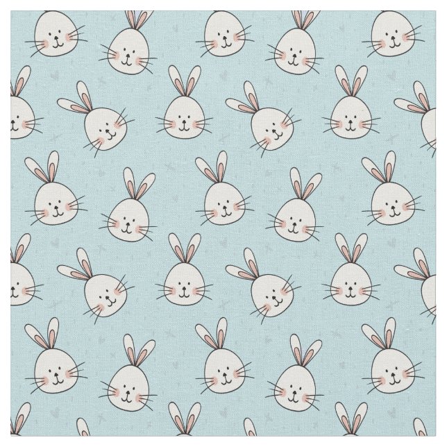 Cute Bunnies Pattern on Baby Blue Fabric (Close Up)