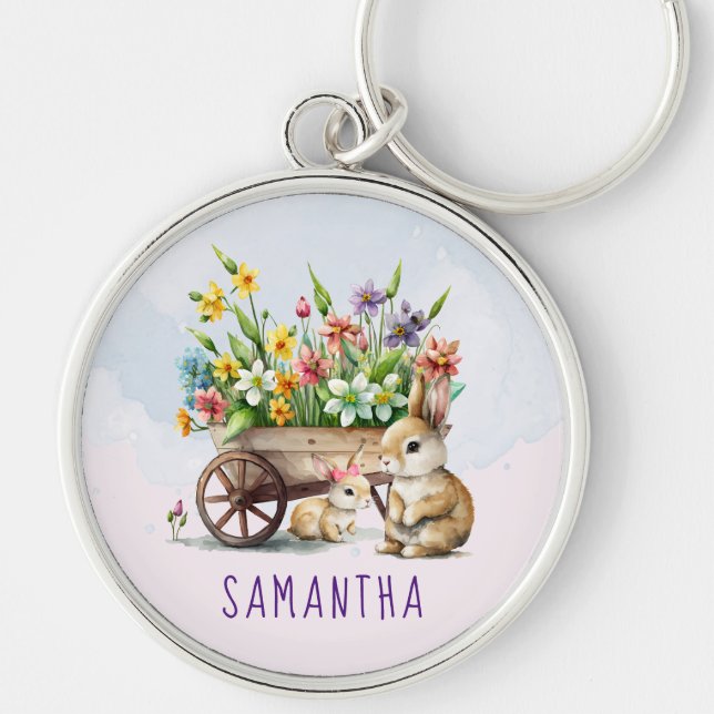 Cute Bunnies Personalized Girl Easter Keychain (Front)