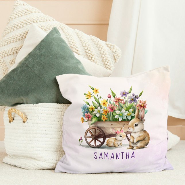 Cute Bunnies Personalized Girl Easter Throw Pillow (Cute Bunnies Personalized Girl Easter Throw Pillow)