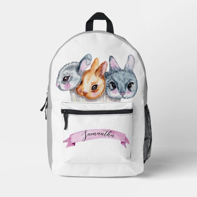 CUTE BUNNIES PINK BANNER GREY WHITE CUSTOM NAME PRINTED BACKPACK (Front)