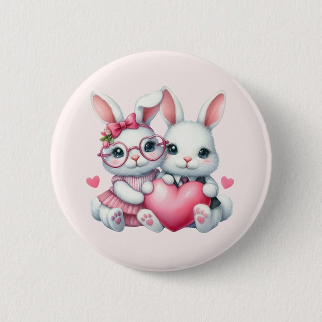 Cute Bunnies Sharing a Heart 2 Inch Round Button (Front)