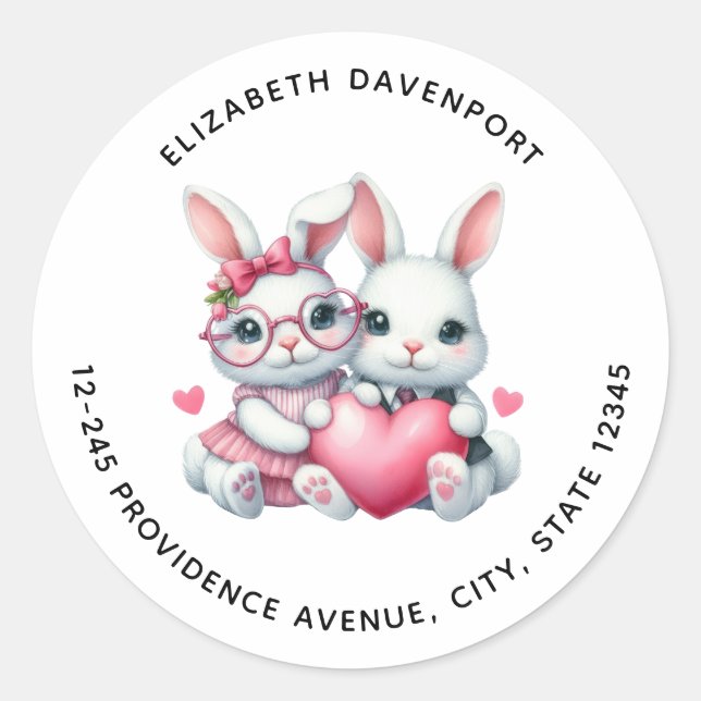 Cute Bunnies Sharing a Heart Address Classic Round Sticker (Front)
