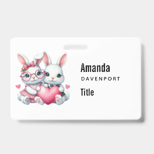 Cute Bunnies Sharing a Heart Badge