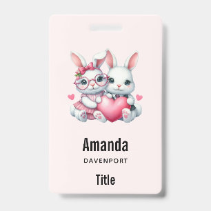 Cute Bunnies Sharing a Heart Badge