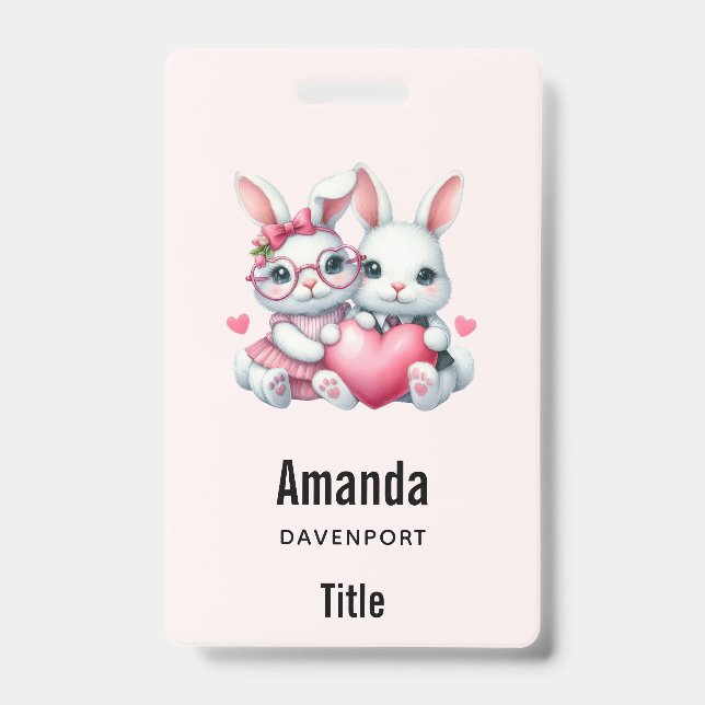 Cute Bunnies Sharing a Heart Badge (Front)