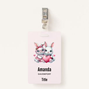 Cute Bunnies Sharing a Heart Badge