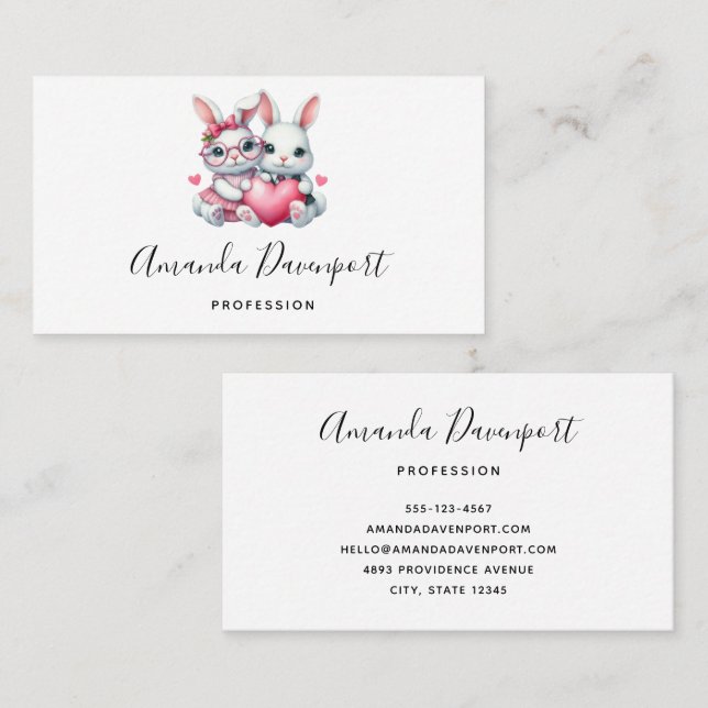  Cute Bunnies Sharing a Heart Business Card (Front/Back)