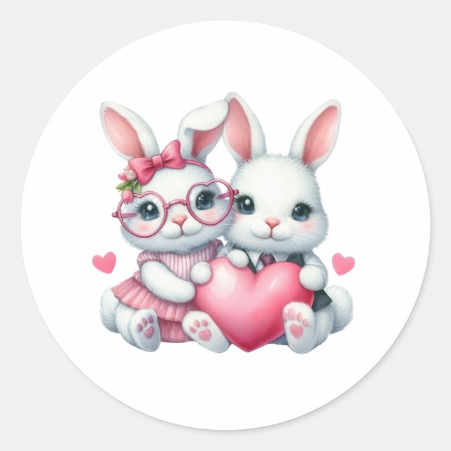 Cute Bunnies Sharing a Heart Classic Round Sticker (Front)