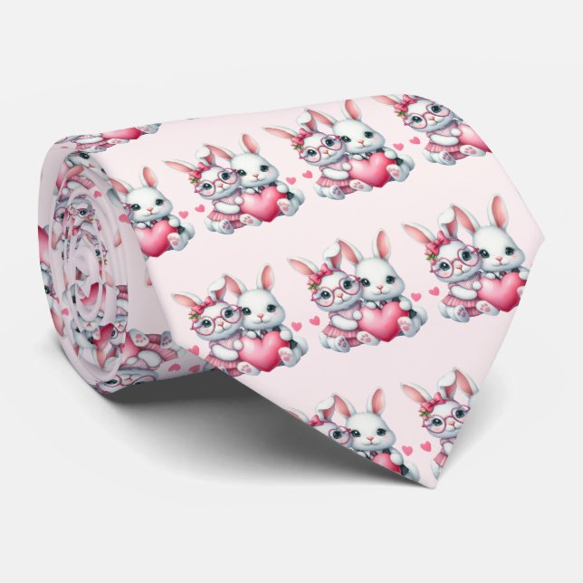 Cute Bunnies Sharing a Heart Pattern Tie (Rolled)