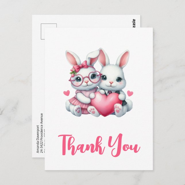 Cute Bunnies Sharing a Heart Thank You Postcard (Front/Back)