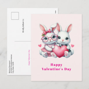 Cute Bunnies Sharing a Heart Valentine's Day Holiday Postcard