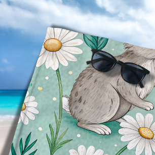 Cute Bunnies Sitting Among White Daisies Beach Towel