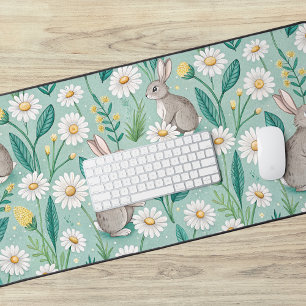 Cute Bunnies Sitting Among White Daisies Desk Mat