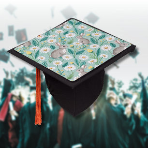 Cute Bunnies Sitting Among White Daisies Graduation Cap Topper