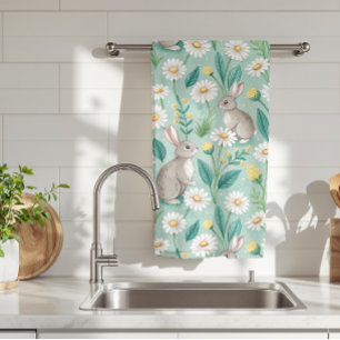 Cute Bunnies Sitting Among White Daisies Kitchen Towel
