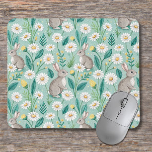Cute Bunnies Sitting Among White Daisies Mouse Pad