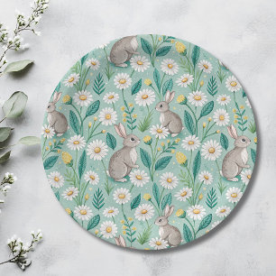Cute Bunnies Sitting Among White Daisies Paper Plate