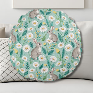 Cute Bunnies Sitting Among White Daisies Round Pillow