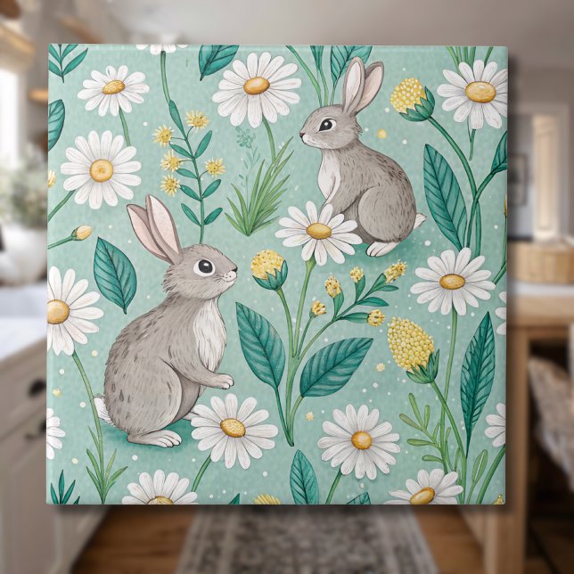 Cute Bunnies Sitting Among White Daisies Tile (Creator Uploaded)