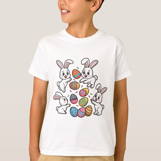 Cute Bunnies Tossing Easter Eggs T-Shirt (Front)