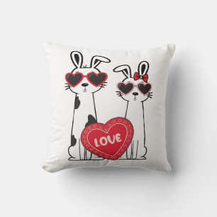 Cute Bunnies Wearing Heart Glasses Throw Pillow